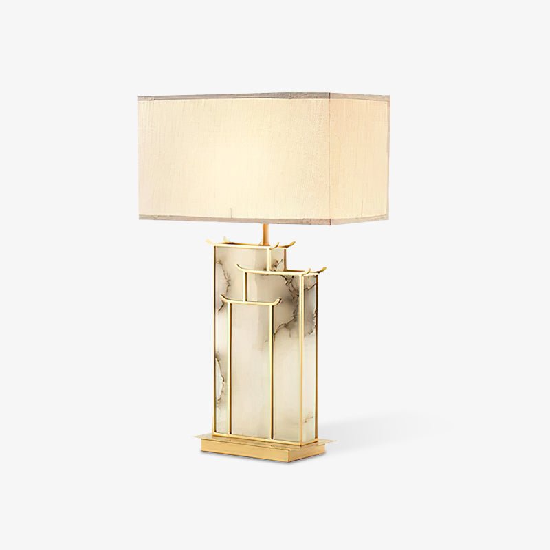 Stołowa lampa z prostokątnym kloszem i ramową bryłą
