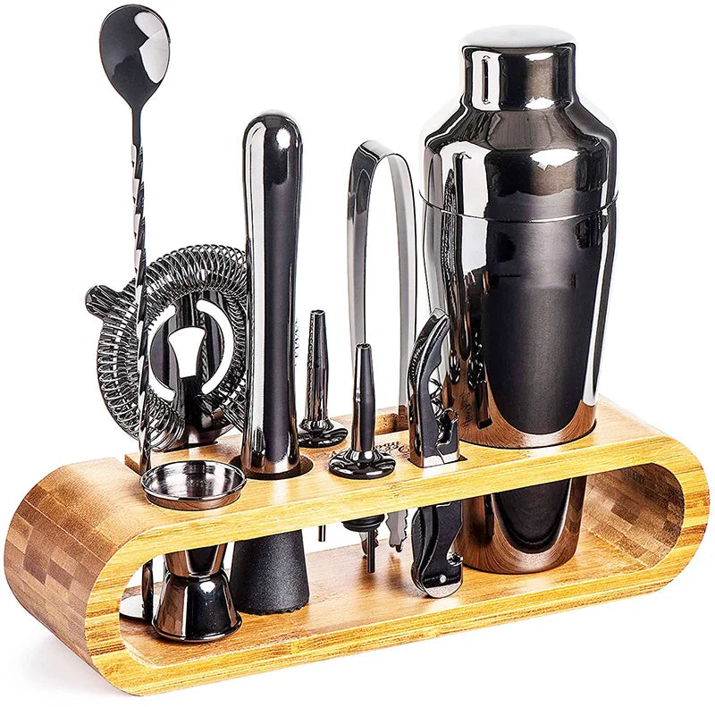Ensemble d'outils de bar avec shaker et support en bois