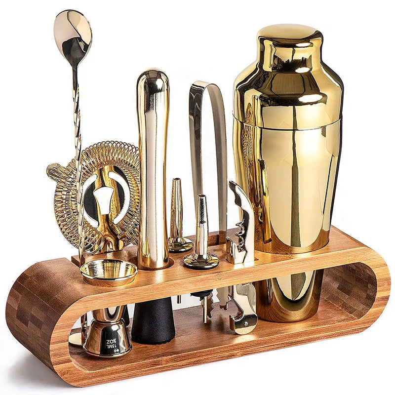 Ensemble d'outils de bar avec shaker et support en bois