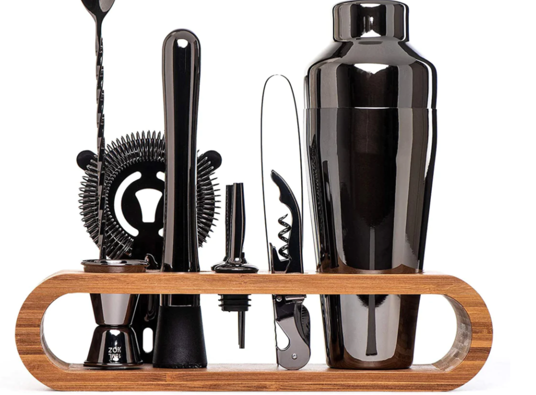Ensemble d'outils de bar avec shaker et support en bois