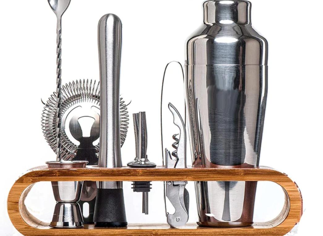 Ensemble d'outils de bar avec shaker et support en bois