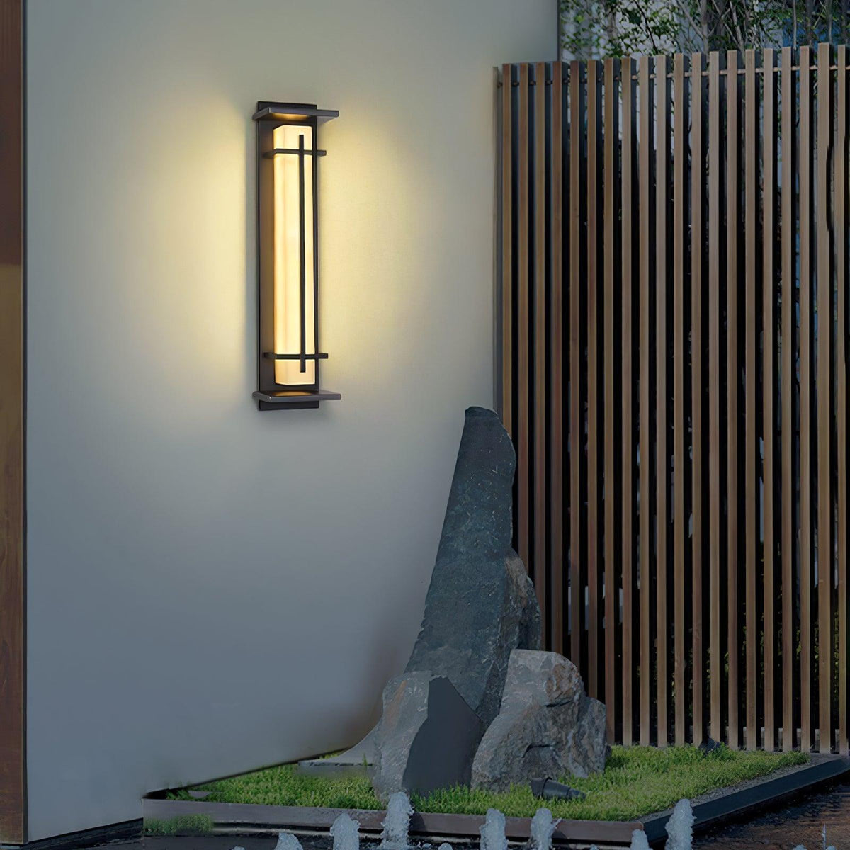 Outdoor wall lamp with a vertical rectangular panel