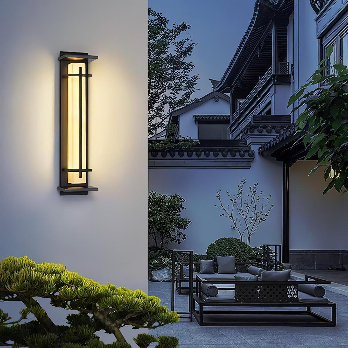 Outdoor wall lamp with a vertical rectangular panel