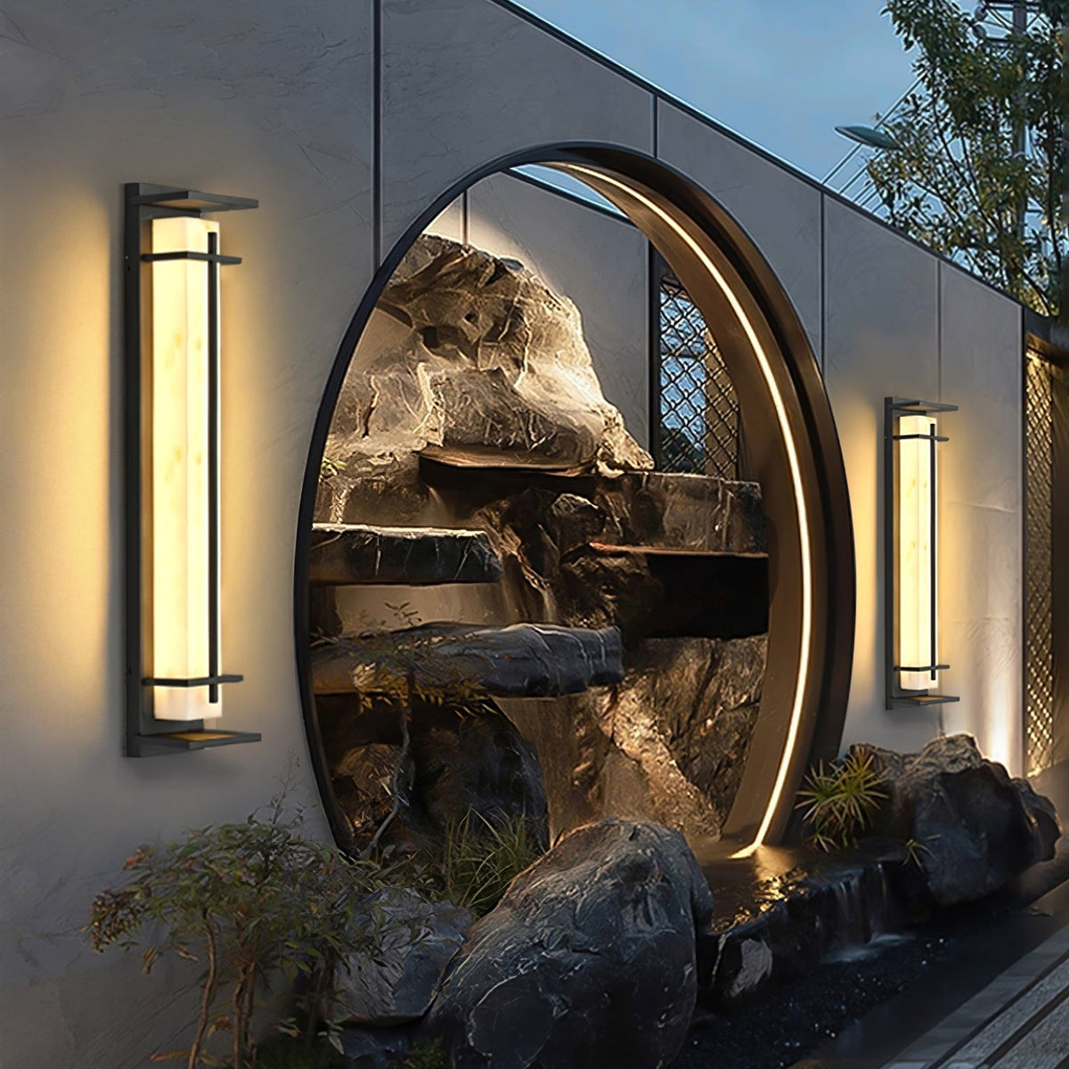 Outdoor wall lamp with a vertical rectangular panel