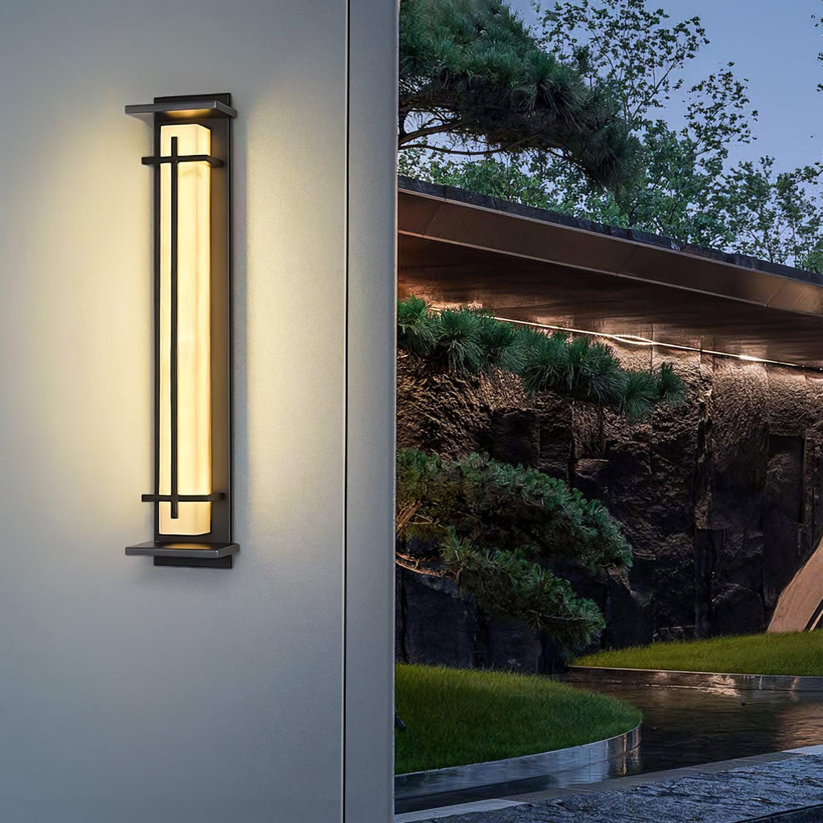Outdoor wall lamp with a vertical rectangular panel