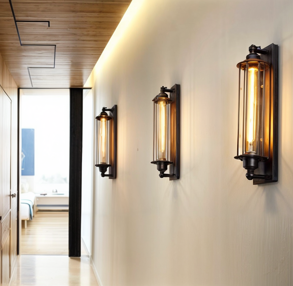 Industriële wandlamp met langwerpige glazen kap