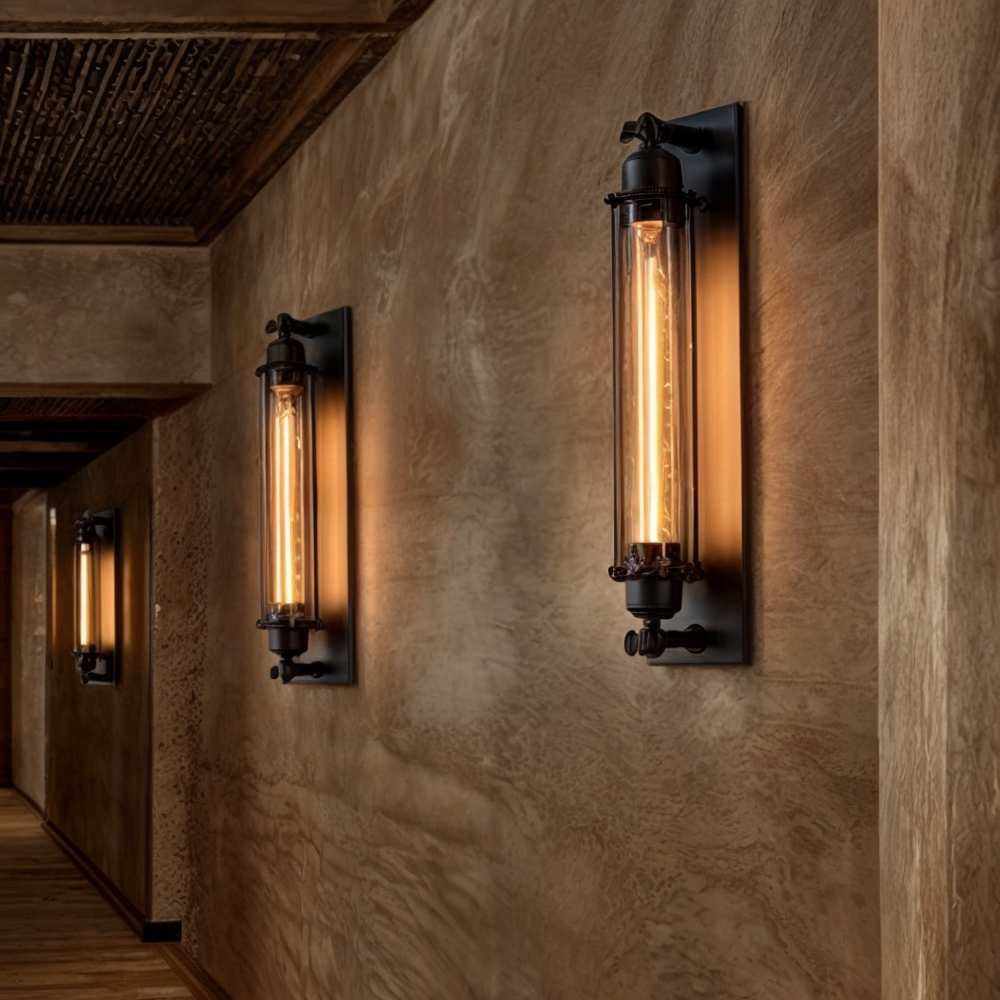 Industriële wandlamp met langwerpige glazen kap