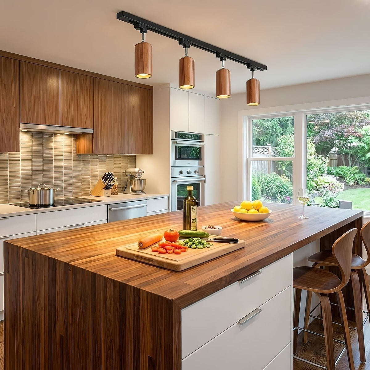 Grote plafondlamp voor de woonkamer met houten spots