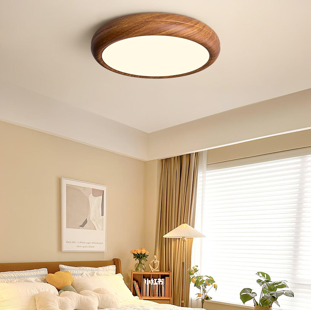 Lampa sufitowa okrągła z efektem słojów drewna