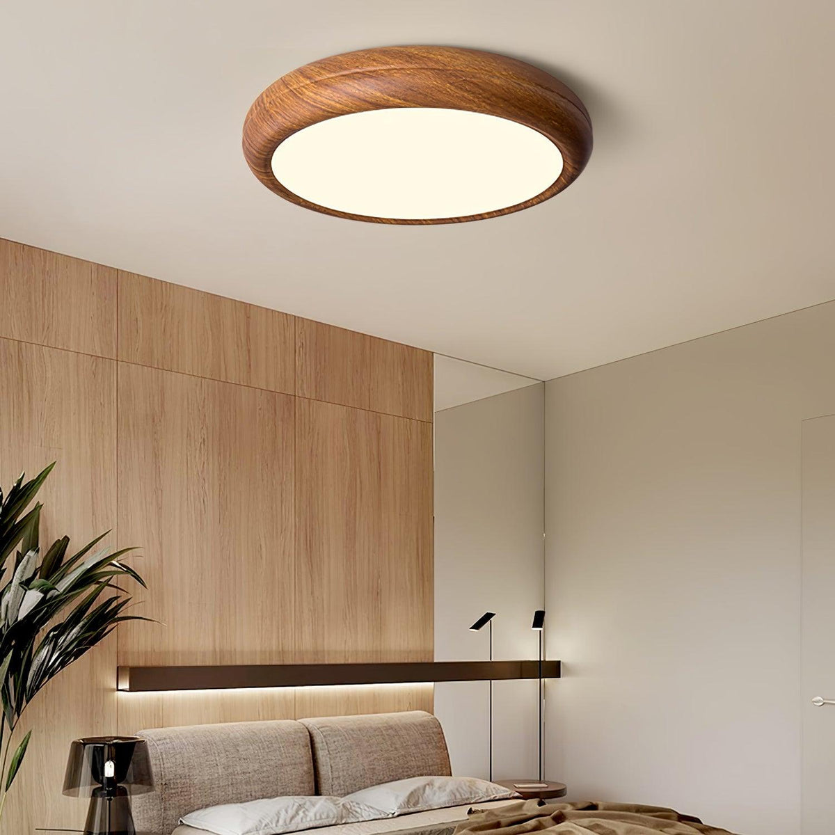 Lampa sufitowa okrągła z efektem słojów drewna
