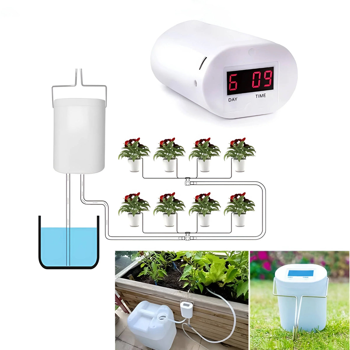 Plant watering set with automatic pump and tubes