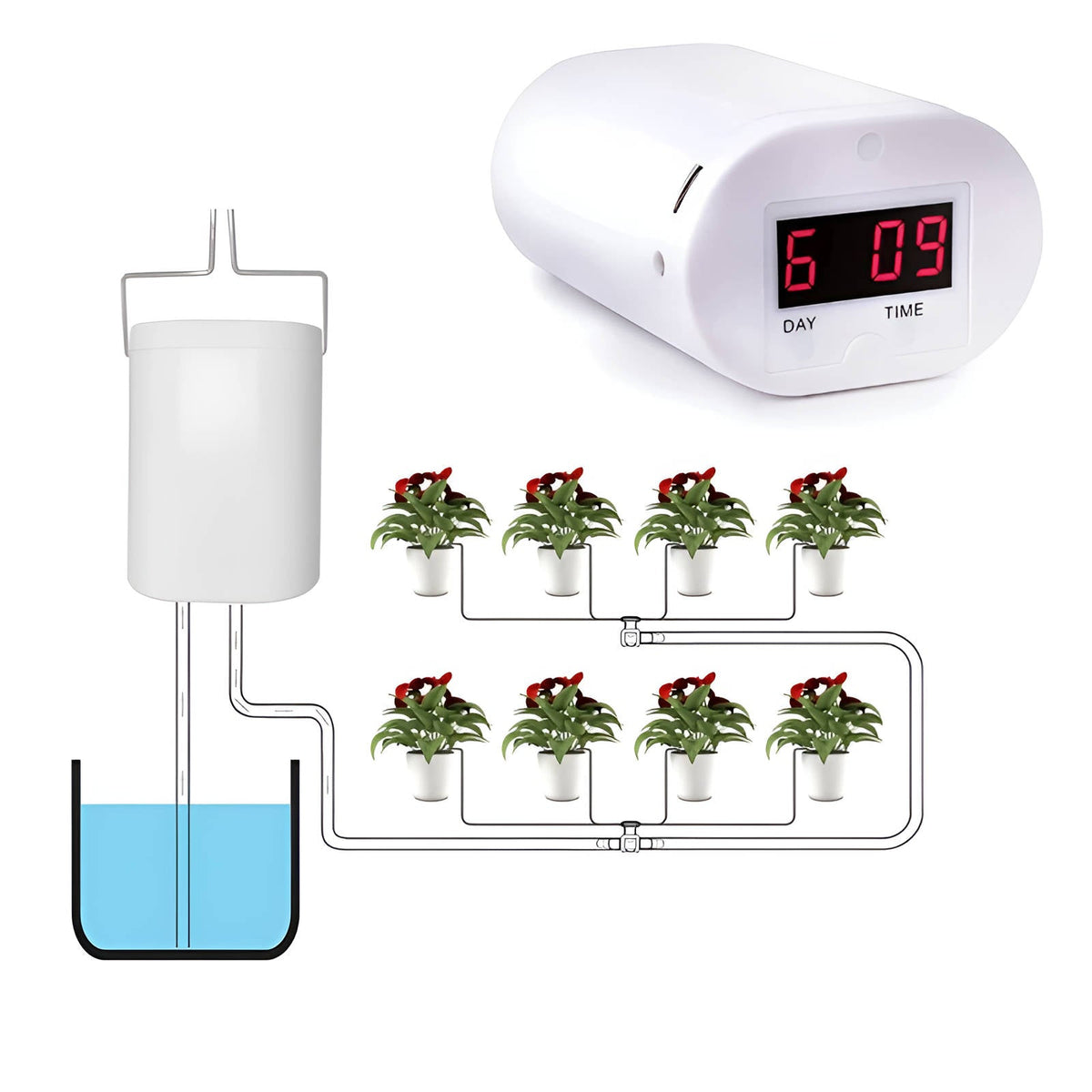 Plant watering set with automatic pump and tubes